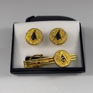 Masonic Square and Compass Gold-Tone Cufflinks and Tie Clip Set